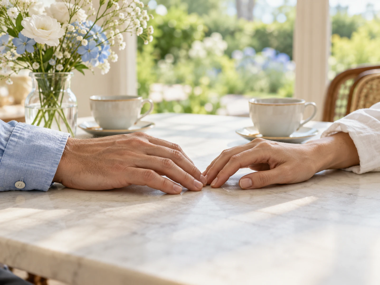 Mãos de duas pessoas adultas próximas sobre uma mesa com xícaras e flores
