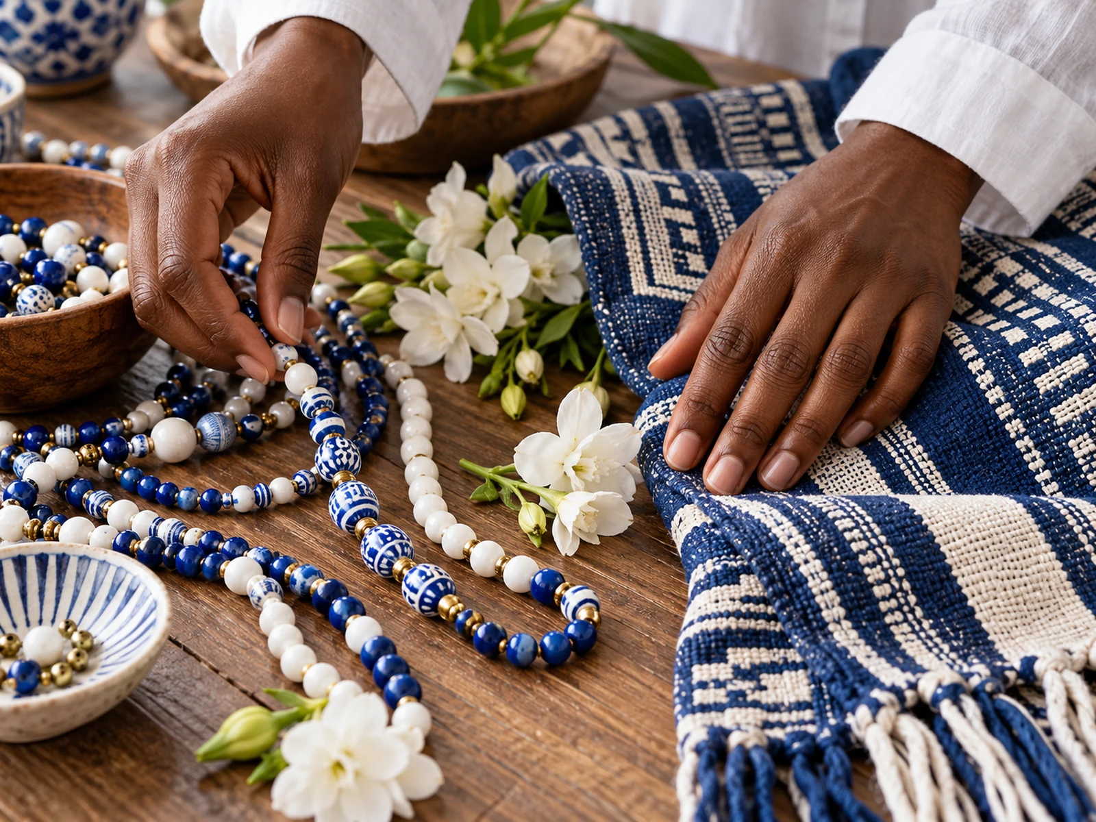Mãos adultas organizando contas artesanais, flores e tecido azul