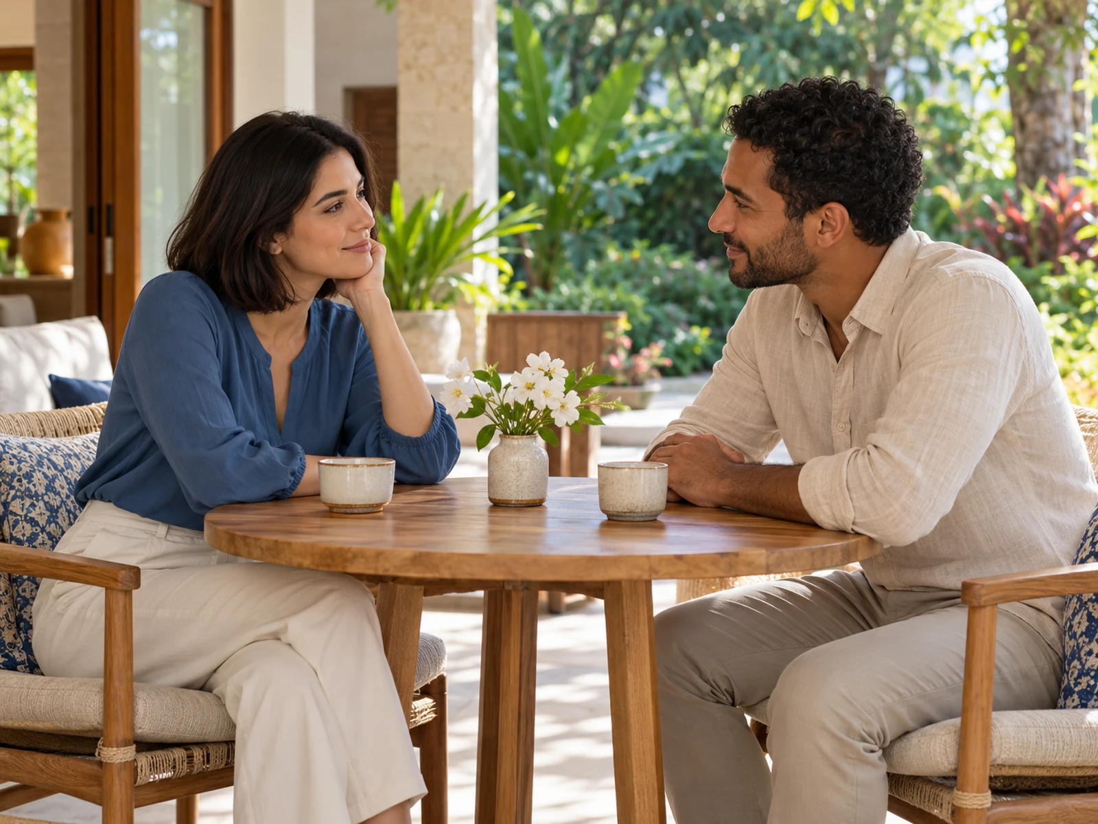 Casal adulto em conversa tranquila junto a uma mesa na varanda