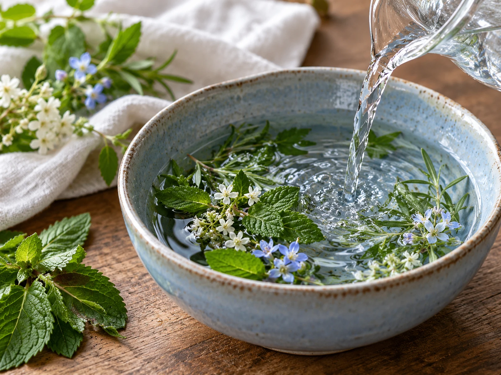 Água sendo colocada em recipiente cerâmico com folhas e flores