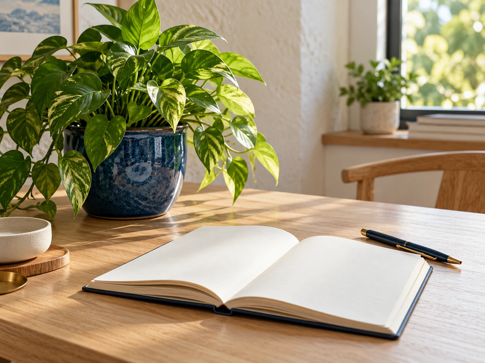Planta saudável e caderno aberto sobre mesa com luz natural