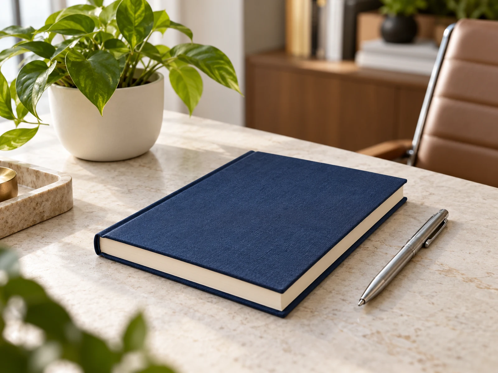Caderno azul, caneta e planta em uma mesa de trabalho