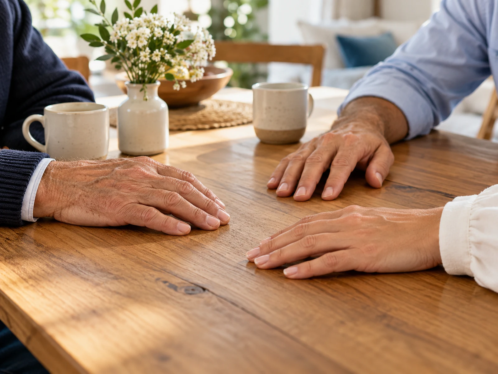 Mãos de diferentes adultos próximas sobre uma mesa familiar