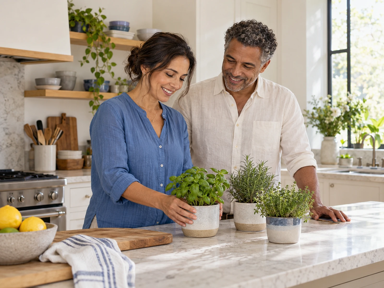Casal adulto cuidando de plantas na cozinha de casa
